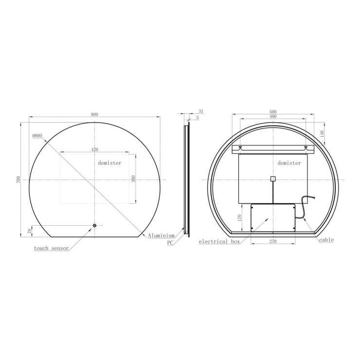 Otsu 800x700mm Round Back-Lit LED Mirror