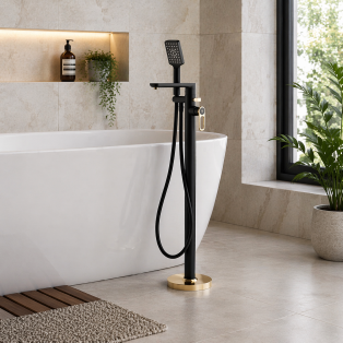 Abode Levarto Floor Standing Bath Shower Mixer - Matt Black & Brass Abode Levarto Floor Standing Bath Shower Mixer - Matt Black & Brass