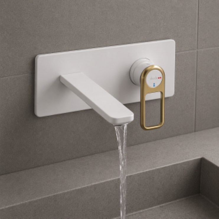 Abode Levarto Wall Mounted Basin/Bath Mixer - Matt White & Brass Abode Levarto Wall Mounted Basin/Bath Mixer - Matt White & Brass