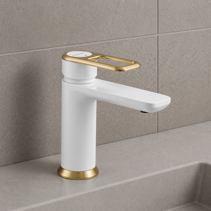 Abode Levarto Basin Mixer - Matt White & Brass Abode Levarto Basin Mixer - Matt White & Brass