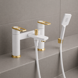 Abode Levarto Deck Mounted Bath Shower Mixer - Matt White & Brass