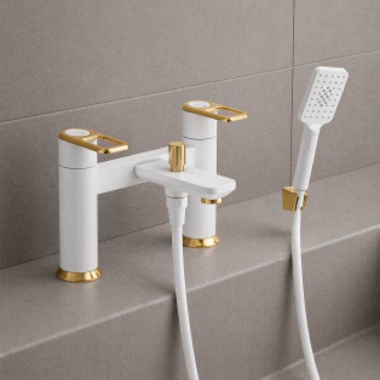 Abode Levarto Deck Mounted Bath Shower Mixer - Matt White & Brass