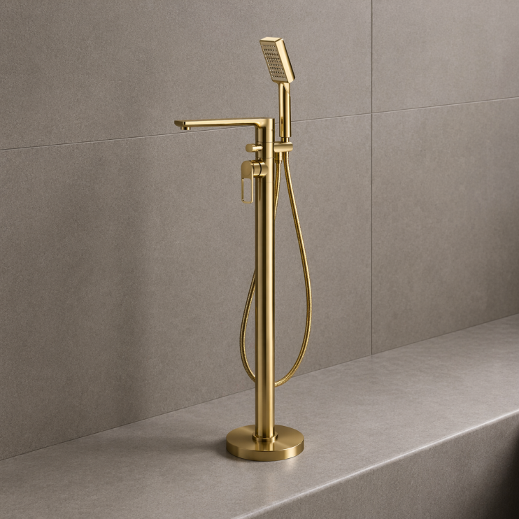 Abode Levarto Floor Standing Bath Shower Mixer - Brushed Brass Abode Levarto Floor Standing Bath Shower Mixer - Brushed Brass