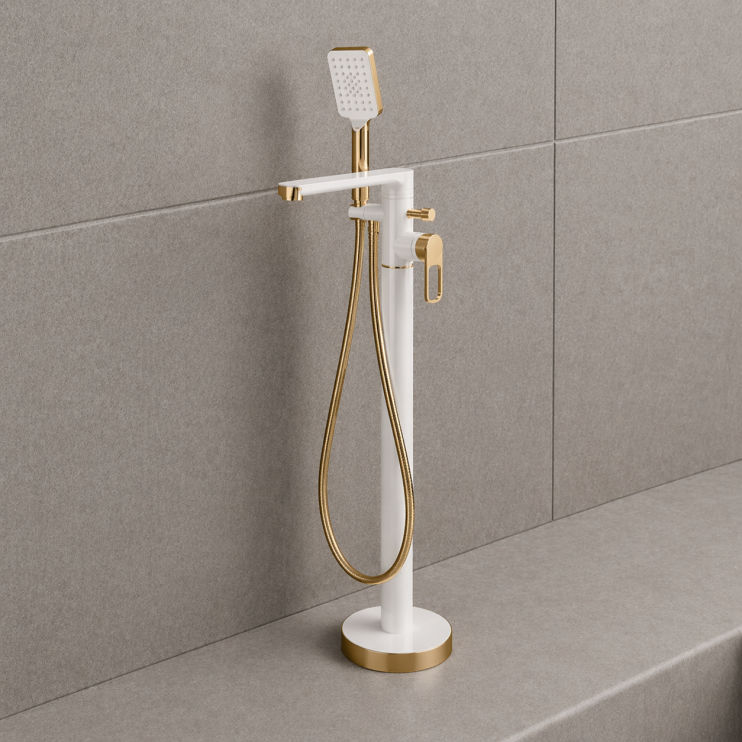 Abode Levarto Floor Standing Bath Shower Mixer - Matt White & Brass Abode Levarto Floor Standing Bath Shower Mixer - Matt White & Brass