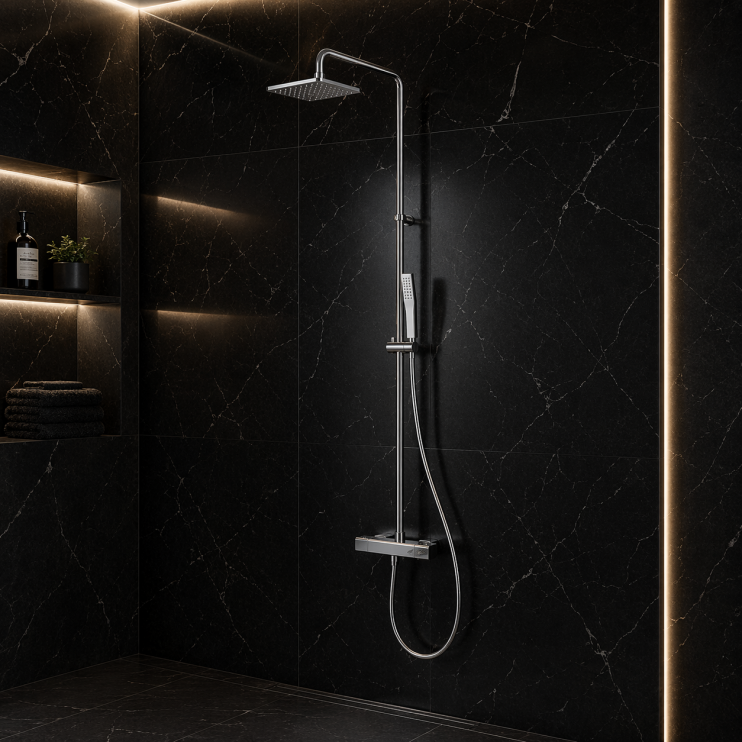 Vema Thermostatic Square Bar Valve w/Fixed Head & Riser - Chrome