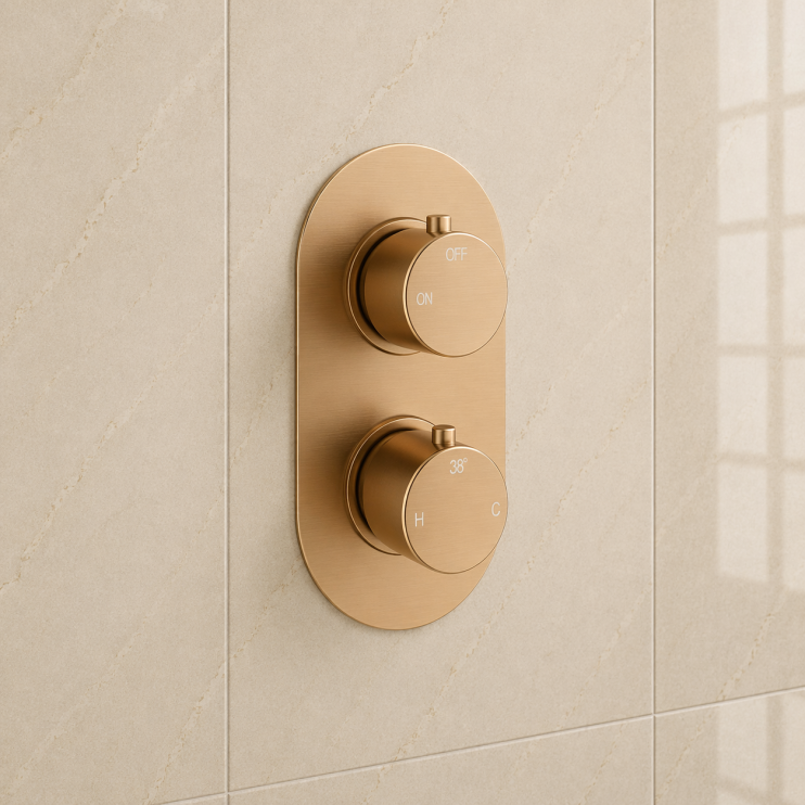 Aurora Thermostatic Single Outlet Twin Shower Valve - Brushed Bronze