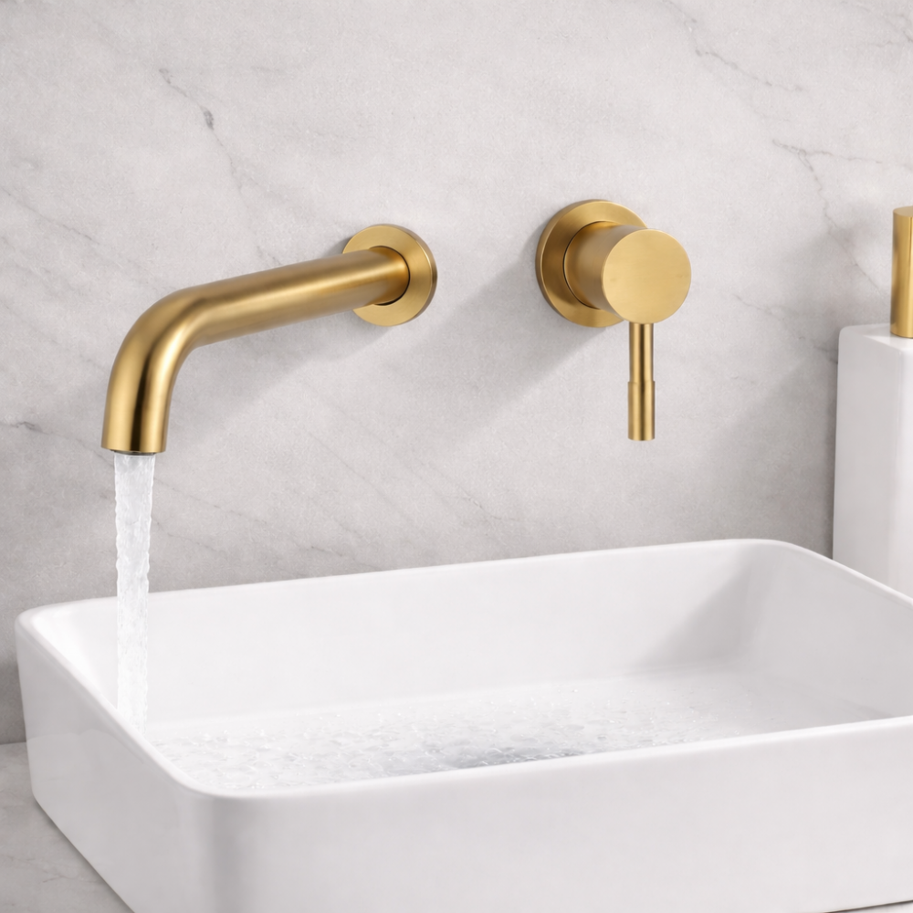Pescara 155mm Wall Mounted Basin Mixer - Brushed Brass