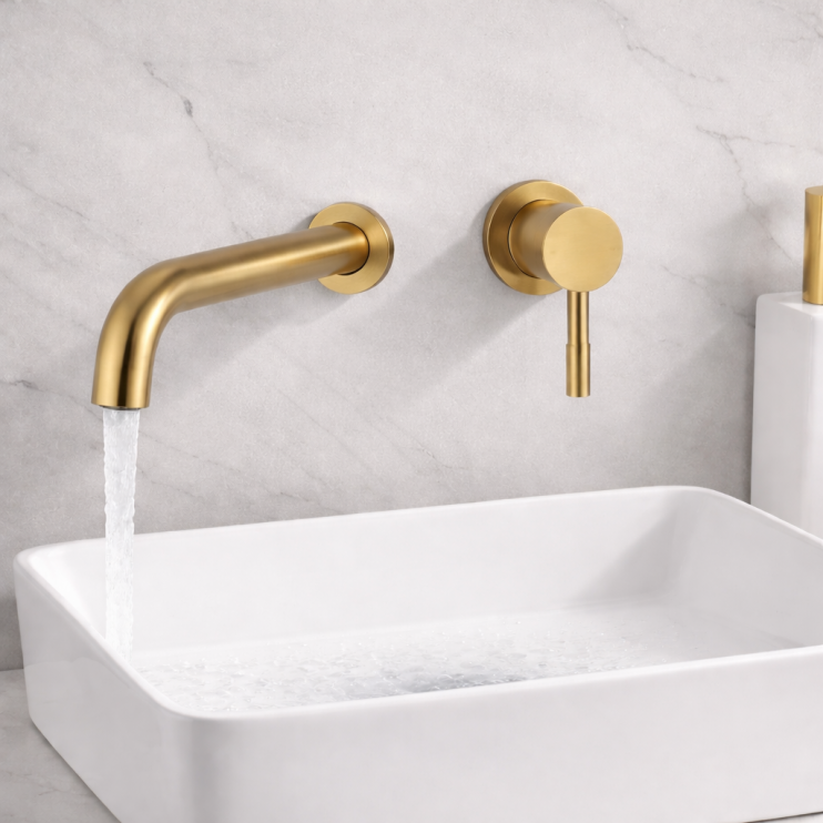 Pescara 155mm Wall Mounted Basin Mixer - Brushed Brass