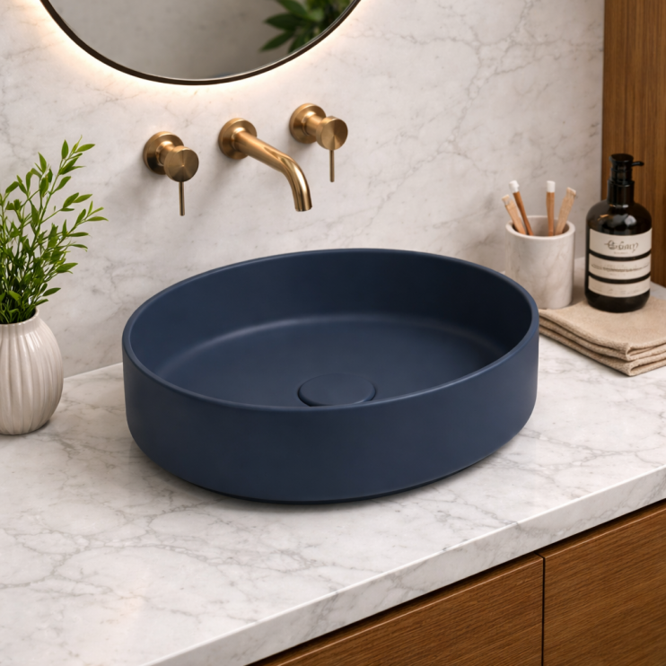 Luxey 355mm Ceramic Round Washbowl & Waste - Matt Deep Blue
