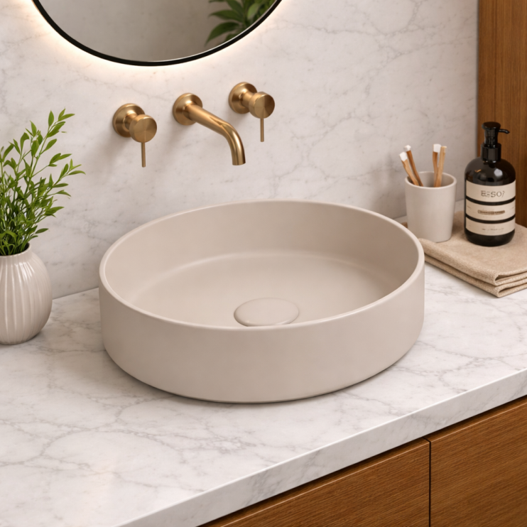Luxey 355mm Ceramic Round Washbowl & Waste - Matt Latte