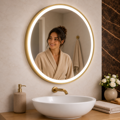Origins Living Lomax Light Round Mirror 70cm Brushed Brass LML-01D070-BB Illuminated Bathroom Mirror