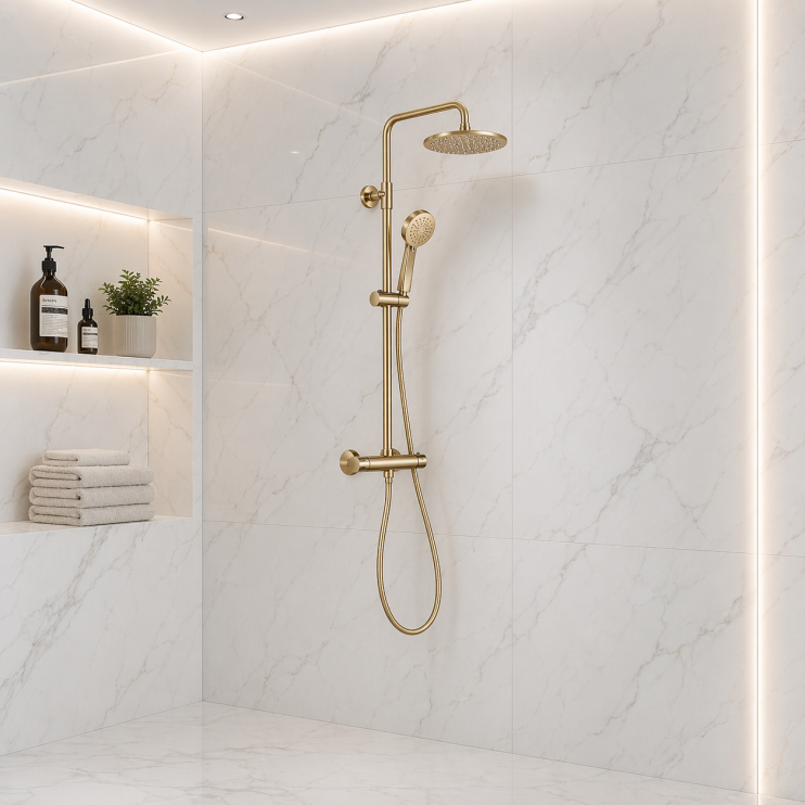 Aurora Round Thermostatic Bar Mixer w/Riser Kit - Brushed Brass