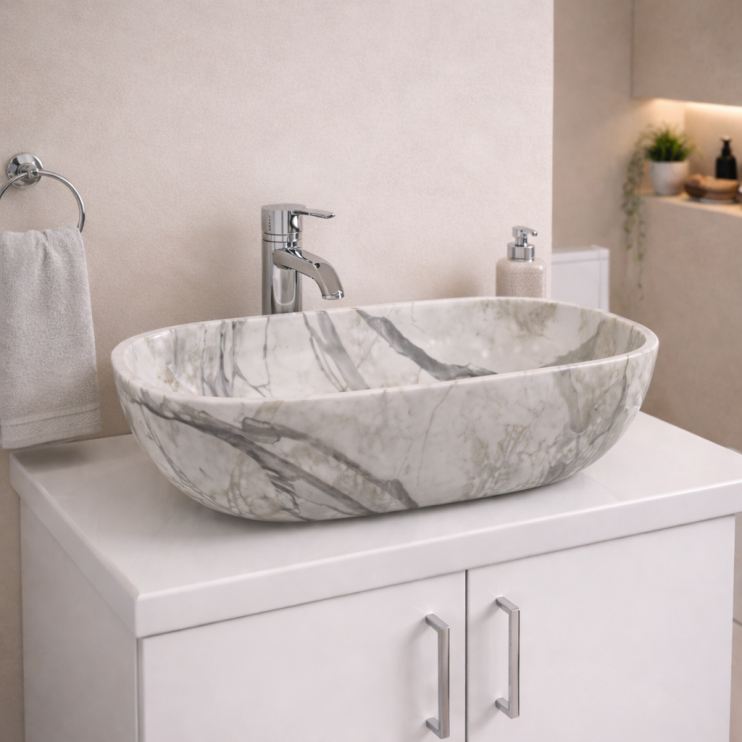 Otto 460x330mm Ceramic Washbowl - White Marble Effect
