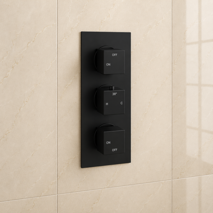 Cosmic Thermostatic Two Outlet Triple Shower Valve - Matt Black