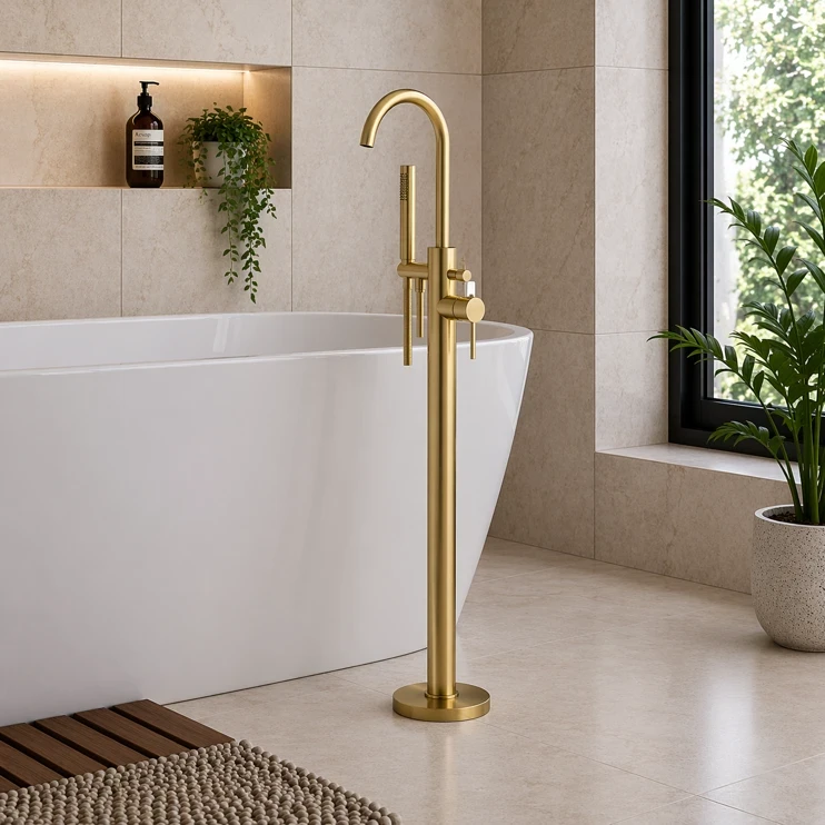 Pescara Floor Standing Bath/Shower Mixer - Brushed Brass Pescara Floor Standing Bath/Shower Mixer - Brushed Brass