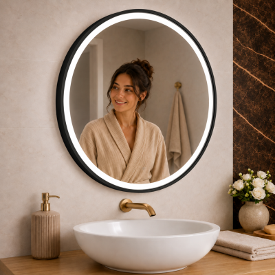 Origins Living Lomax Light Round Mirror 70cm Black LML-01D070-BK Illuminated Bathroom Mirror