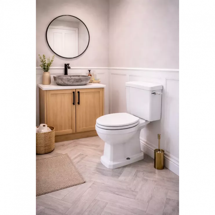 Sherbourne Close Coupled WC & Satin White Wood Effect Seat