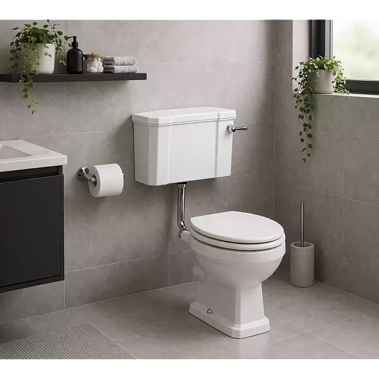 Sherbourne Low Level WC & Satin White Wood Effect Seat