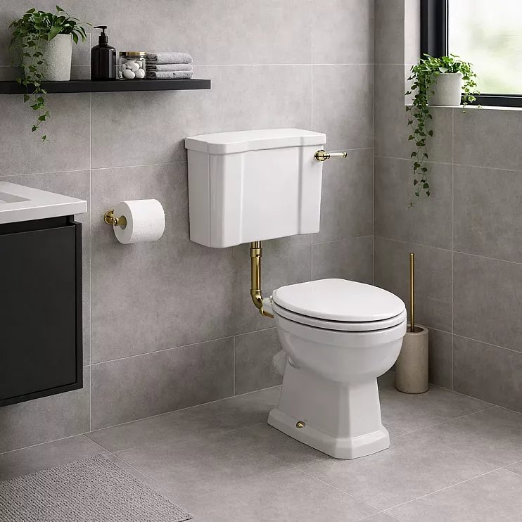 Sherbourne Low Level WC & Satin White Wood Effect Seat w/Br.Brass Finishes