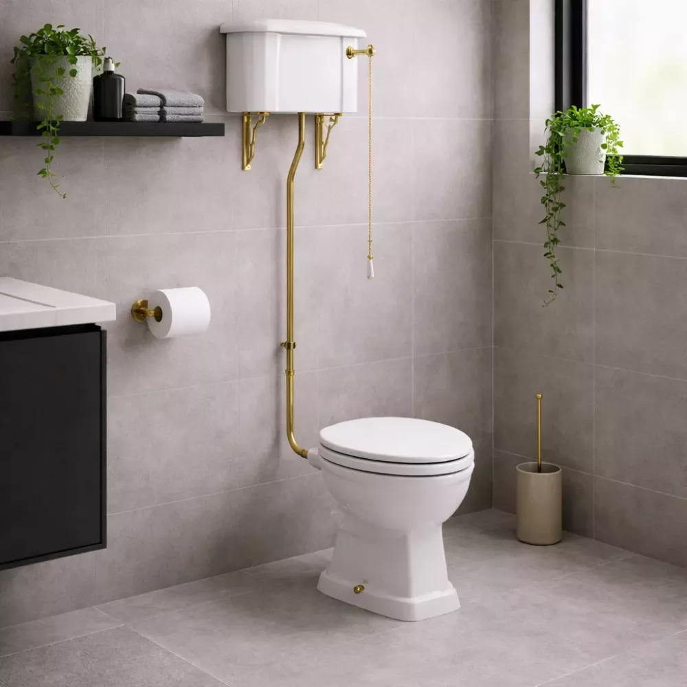 Sherbourne High Level WC & Satin White Wood Effect Seat w/Br.Brass Finishes Sherbourne High Level WC & Satin White Wood Effect Seat w/Br.Brass Finishes