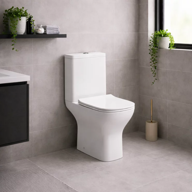 Cedarwood Rimless Comfort Height Close Coupled Open Back WC & Slim Soft Close Seat