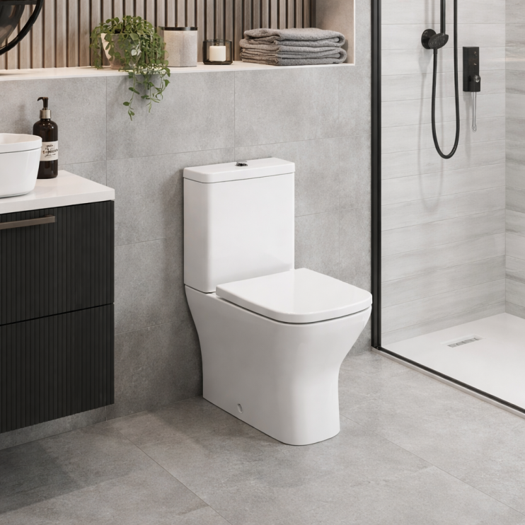 Cedarwood Short Projection Close Coupled Fully Shrouded WC & Wrapover Soft Close Seat