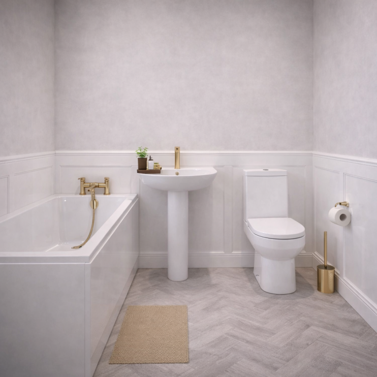 Full Bathroom Suite & Bath with Brushed Brass Taps and Wastes
