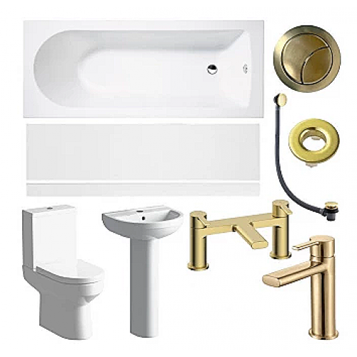 Laus Full Suite inc Bath, Pedestal Basin, Close-coupled WC with Brushed Brass Finishes