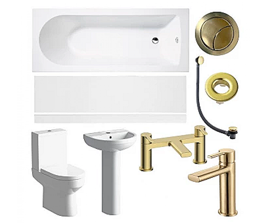 Laus Full Suite inc Bath, Pedestal Basin, Close-coupled WC with Brushed Brass Finishes