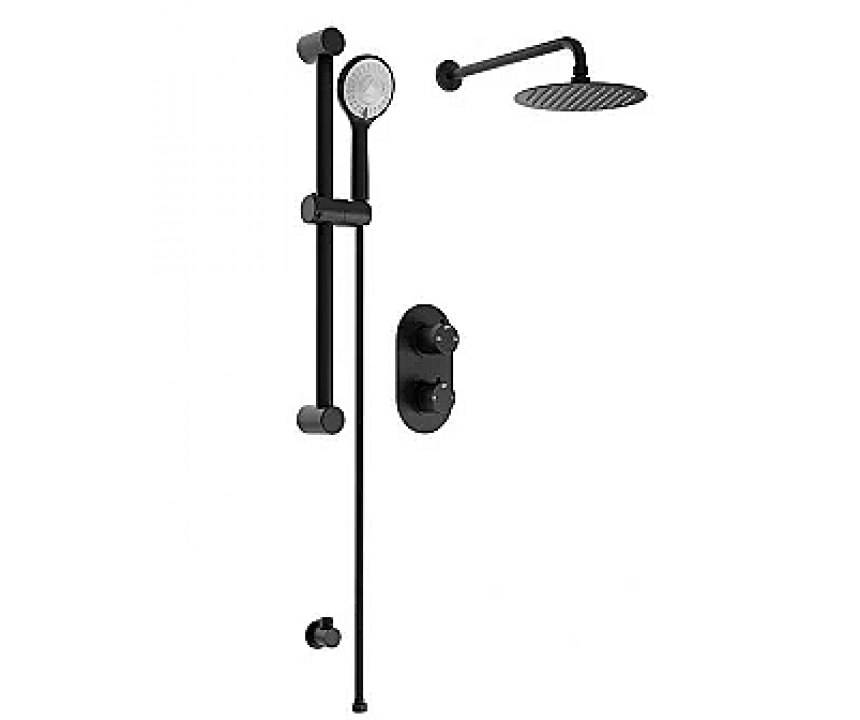 Round Concealed Valve, Slide Rail, Head & Arm Shower Pack - Black