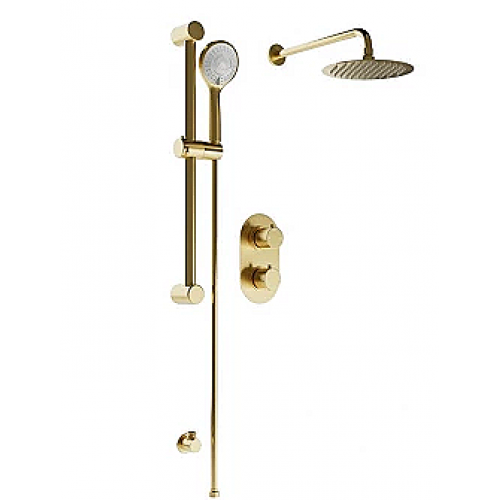 Round Concealed Valve, Slide Rail, Head & Arm Shower Pack - Brushed Brass