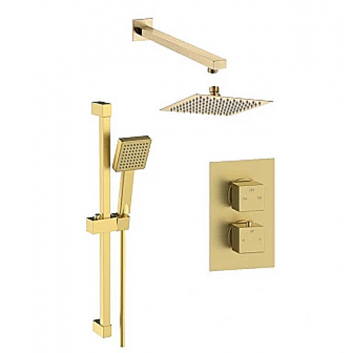 Square Concealed Valve Head & Arm Shower Pack - Brushed Brass