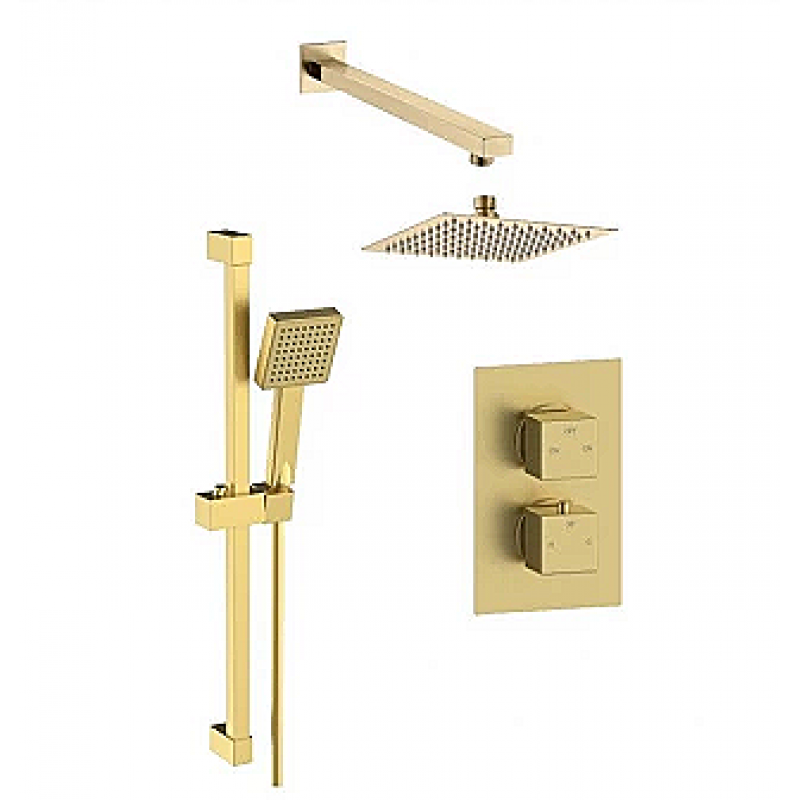 Square Concealed Valve Head & Arm Shower Pack - Brushed Brass