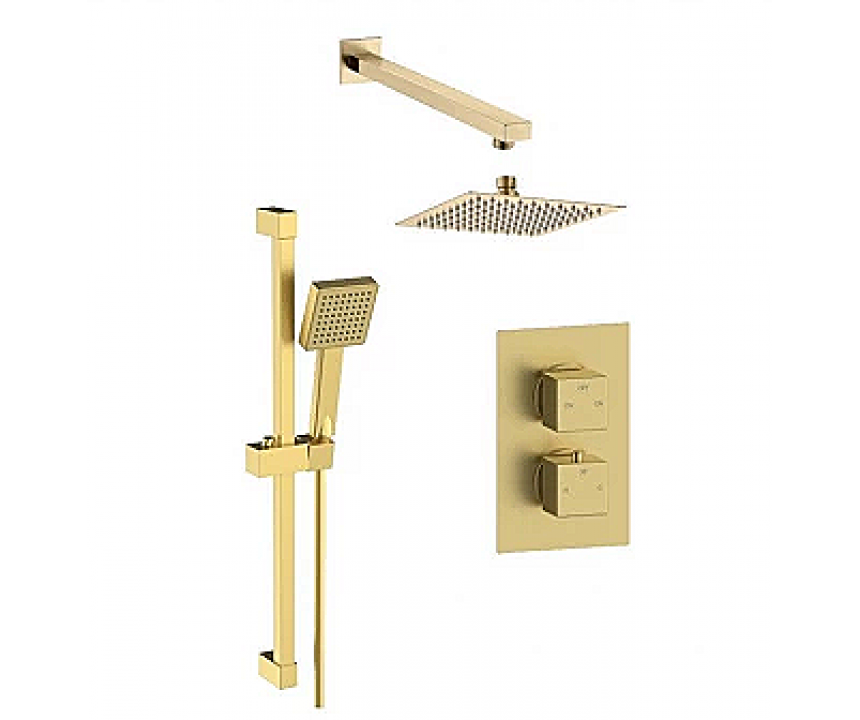 Square Concealed Valve Head & Arm Shower Pack - Brushed Brass