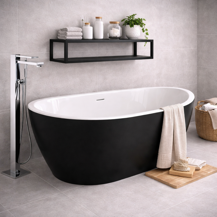 //2Go Freestanding 1650x745x580mm 0TH Bath - Gloss Black