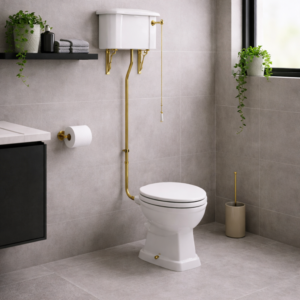 Sherbourne High Level WC & Satin White Wood Effect Seat w/Br.Brass Finishes Sherbourne High Level WC & Satin White Wood Effect Seat w/Br.Brass Finishes