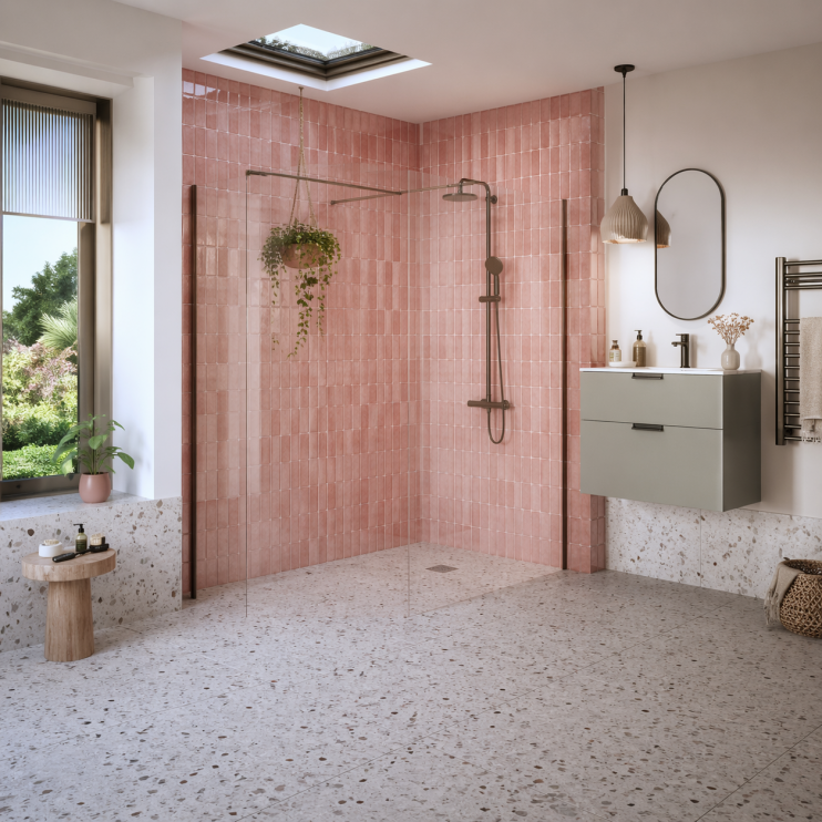 Iconix 1400mm Wetroom 8mm Glass Panel & Support Bar - Brushed Bronze