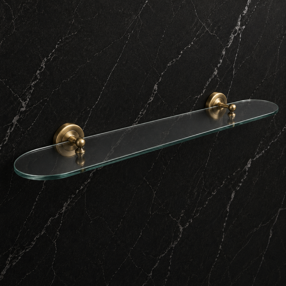 Origins Living Albany Bathroom Wall Fittings ALB-120060-AB Origins Living Albany Glass Shelf - Aged Brass ALB-120060-AB Bathroom Wall Fitting