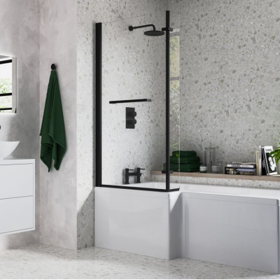 815x1500mm L Shape Bath Screen (6mm) - Matt Black
