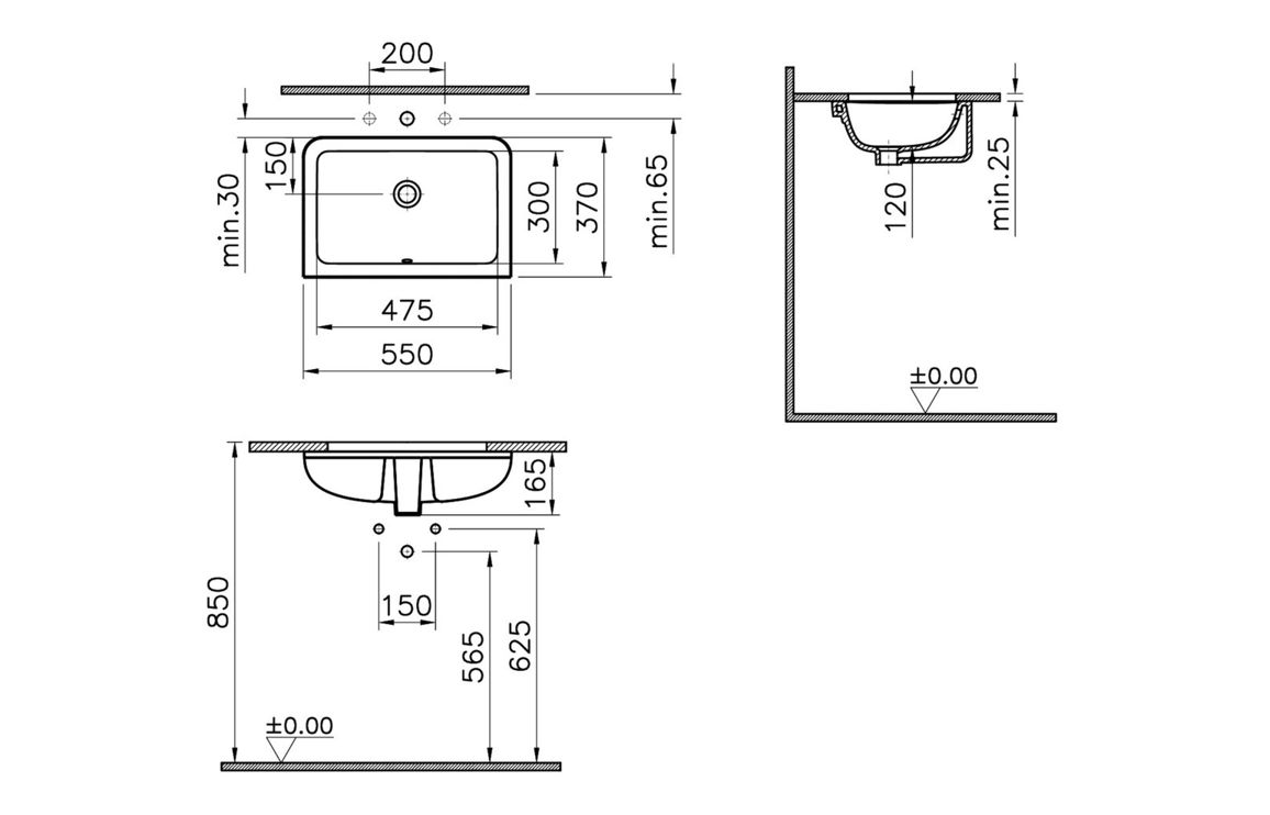 VitrA S20 550x370mm 0TH Undercounter Basin - White