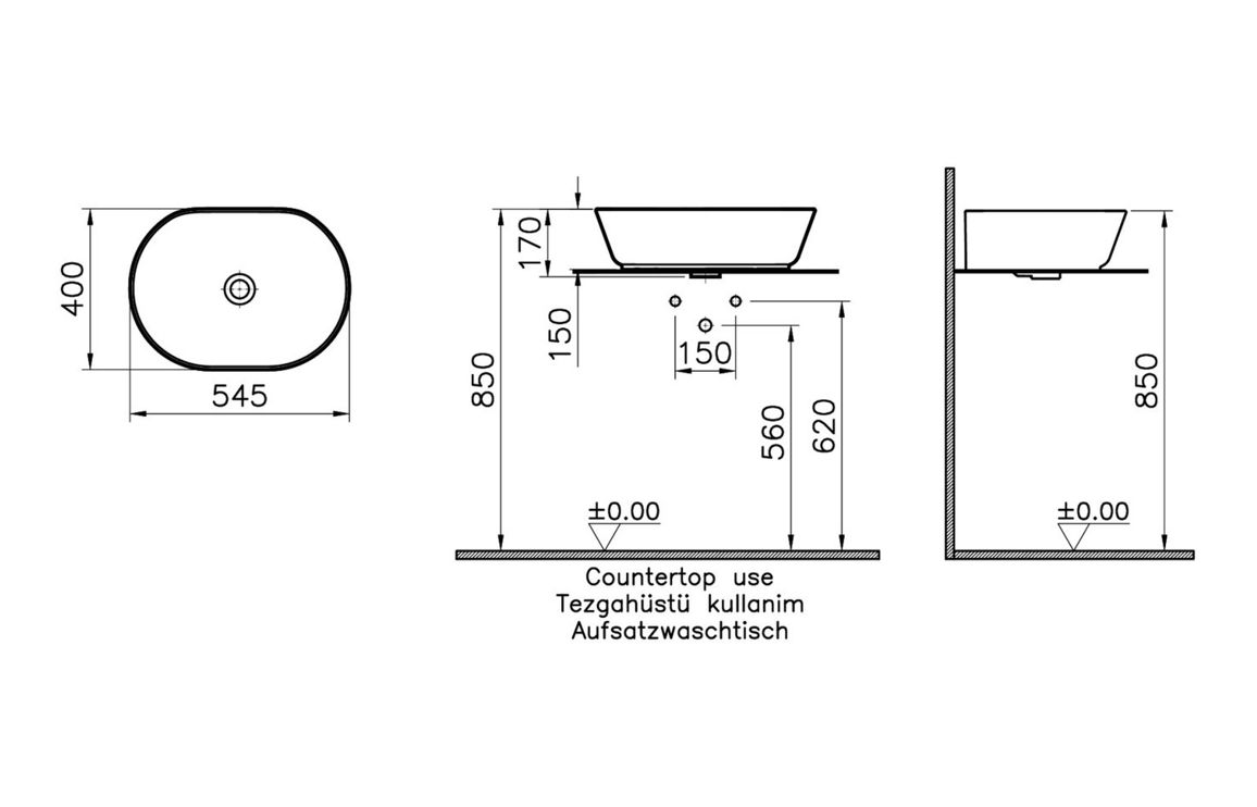 VitrA Geo 545x400mm 0TH Basin (No Overflow) - White