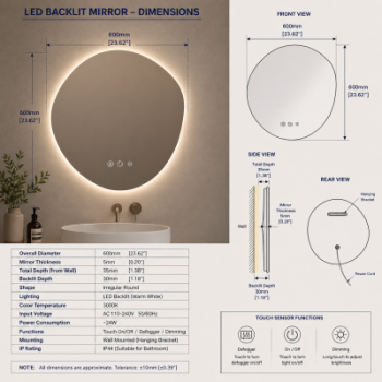 Origins Living Claris Organic Mirror 60x80cm CLR-01G068-03 Illuminated Bathroom Mirror