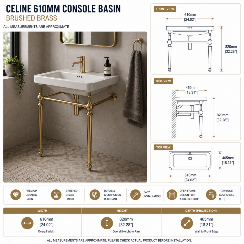 Traditional Basin & Washstands DIACP0018 Celine 610mm 1TH Console Basin - Brushed Brass