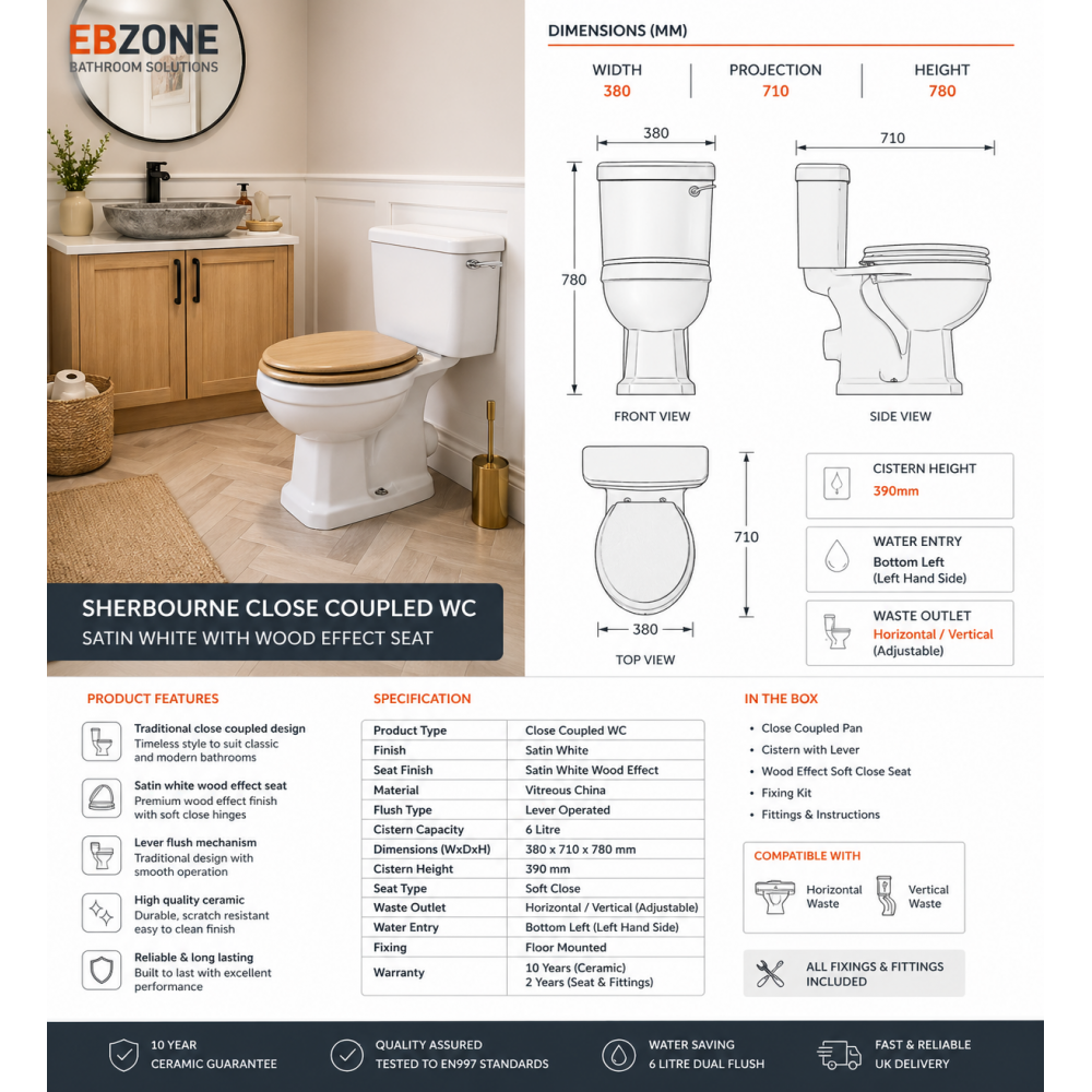 Close couple Traditional WC Toilets DIPTP0190 Sherbourne Close Coupled WC & Satin White Wood Effect Seat