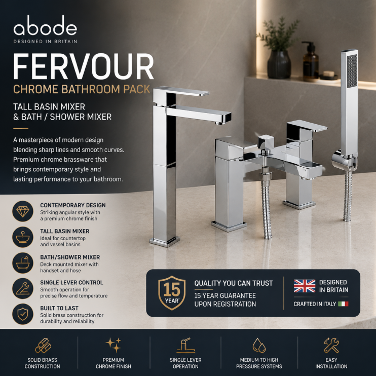 Abode Fervour Bathroom Chrome Pack (Tall Basin Mixer & Bath/Shower Mixer) 
