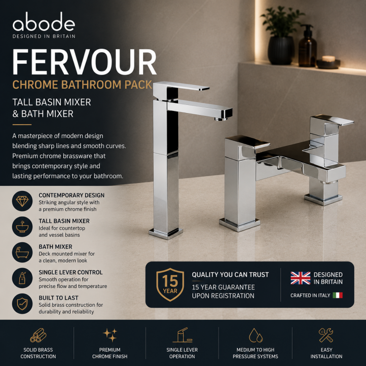 Abode Fervour Bathroom Chrome Tap Pack (Tall Basin Mixer & Bath Filler) - Chrome