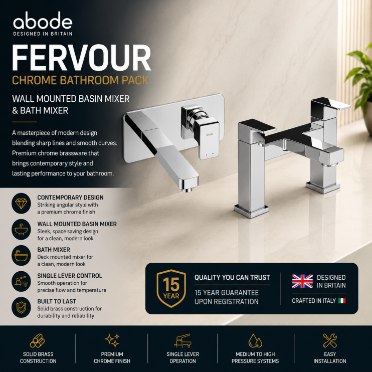 Abode Fervour Chrome Bathroom Tap Pack (Wall Mounted Basin Mixer & Bath Filler) 