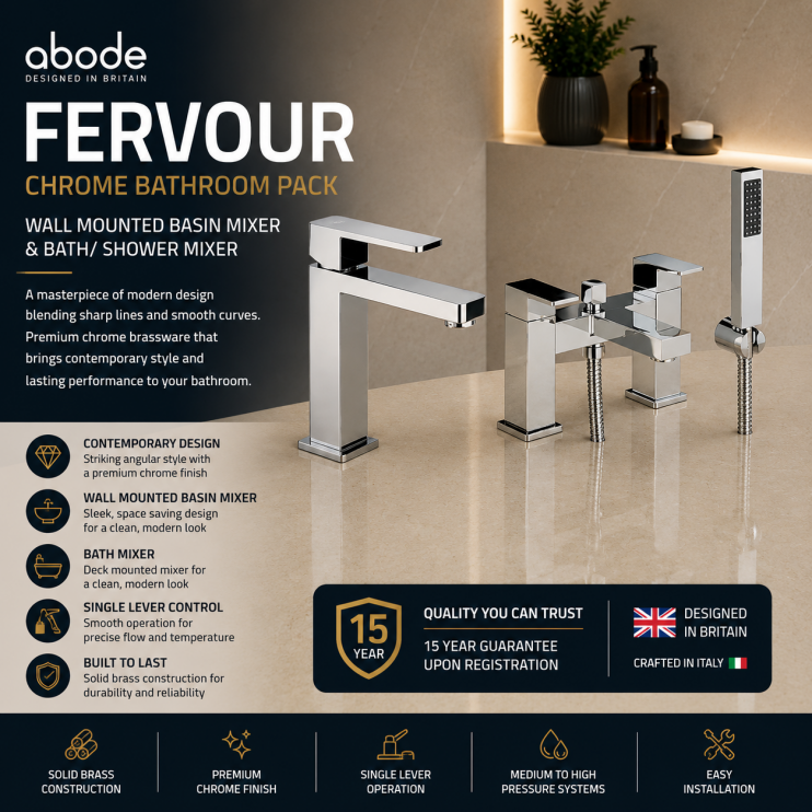 Abode Fervour Chrome Bathroom tap pack (Basin Mixer & Bath/Shower Mixer) - Chrome