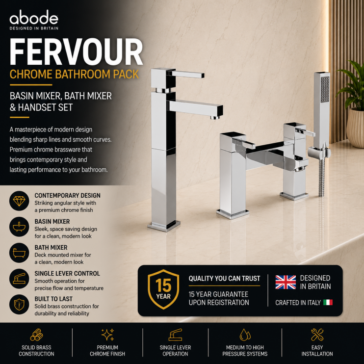 Abode Zeal Chrome Bathroom Tap Pack Offer (Tall Basin Mixer & Bath/Shower Mixer) - Chrome