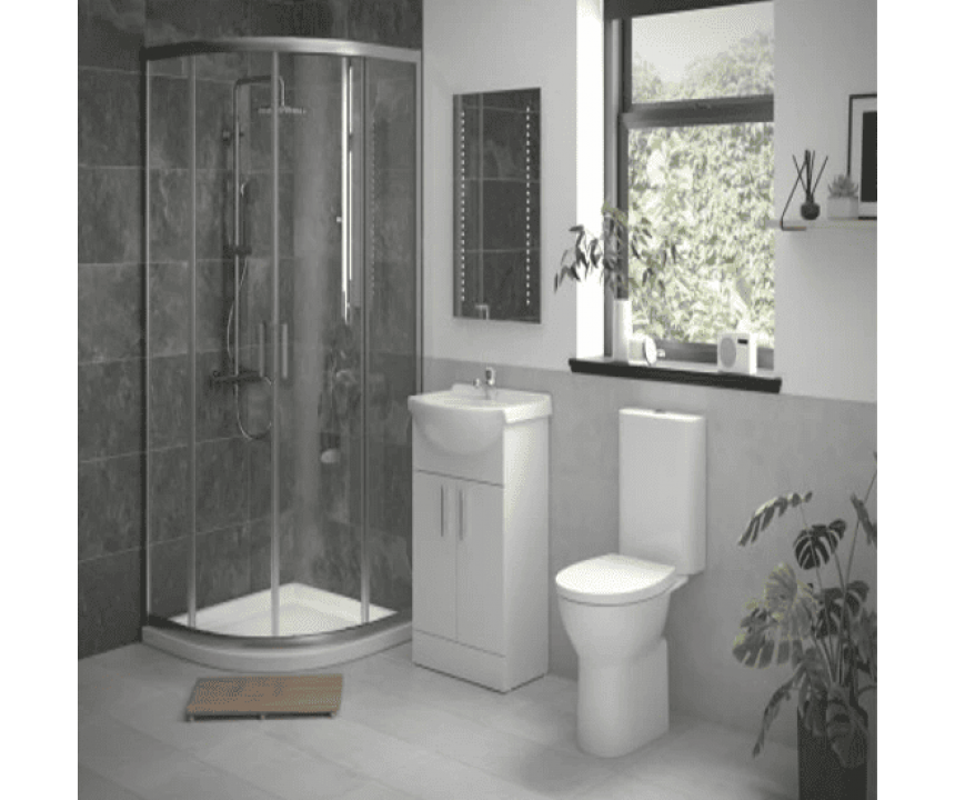 Full Quadrant Suite, 900mm 2 Door Easy-Fit Quadrant, Tray, Shower Valve, Vanity and Close Coupled WC